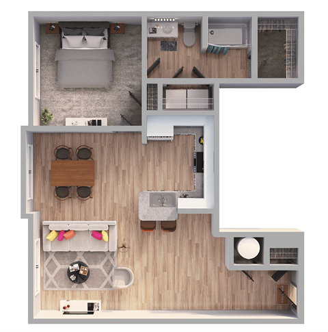 Floor plan for 1 bed, 1 bath, 911 sqft
